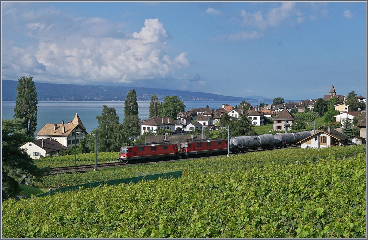 Zwei Re 4/4 II mit einem Kesselwagenzug bei Cully.
10. August 2016