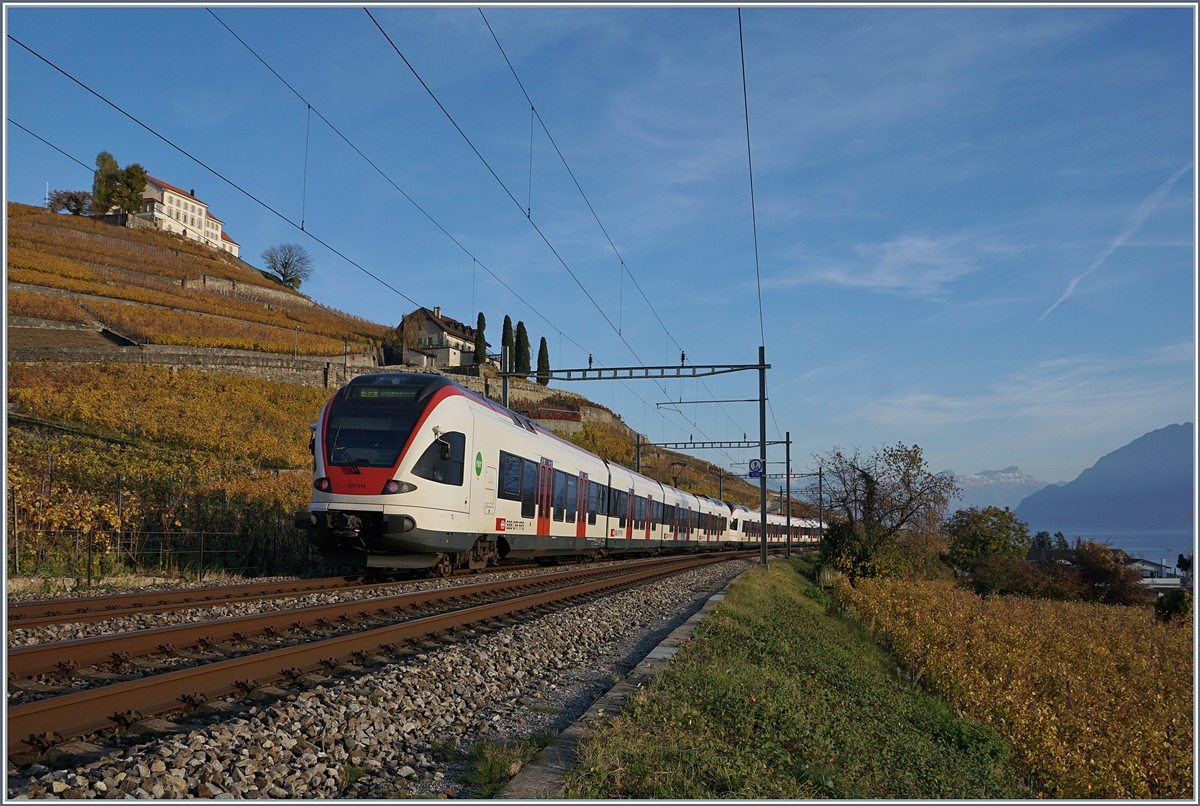 Zwei SBB Flirts auf der Fahrt Richtung Villeneuve kurz nach Lutry.
3. Nov. 2017