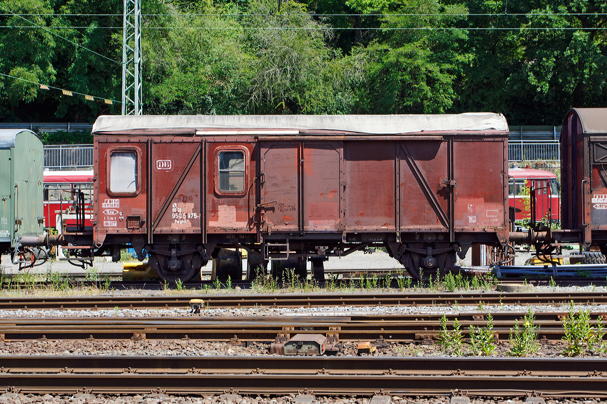 
Zweiachsiger Güterzug-Begleitwagen Pwghs 54, ex DB 42 80 950 5 975-7, der Eifelbahn Verkehrsgesellschaft mbH (EVG) abgestellt am 06.06.2014 in Linz am Rhein. 

Technische Daten:
Spurweite: 1.435 mm
Länge über Puffer: 13.100 mm
Achsabstand: 5.840 mm
Eigengewicht: 12.200 kg
max. Zuladung: 6.000 kg
zul. Höchstgeschwindigkeit: 100 km/h 