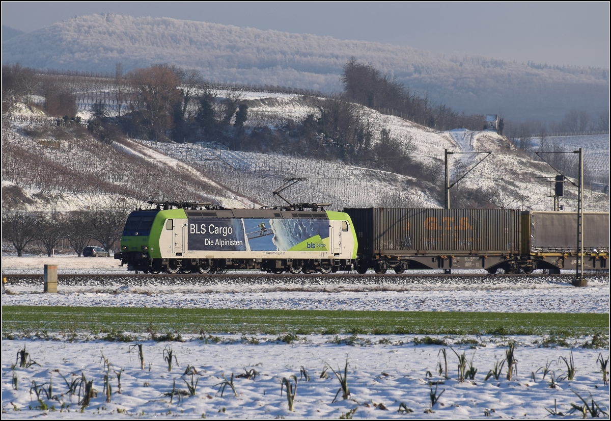 Zwischen Belchensystem und Blauendreieck. 

Re 485 015 fährt von Basel aus nordwärts. Buggingen, Februar 2021.