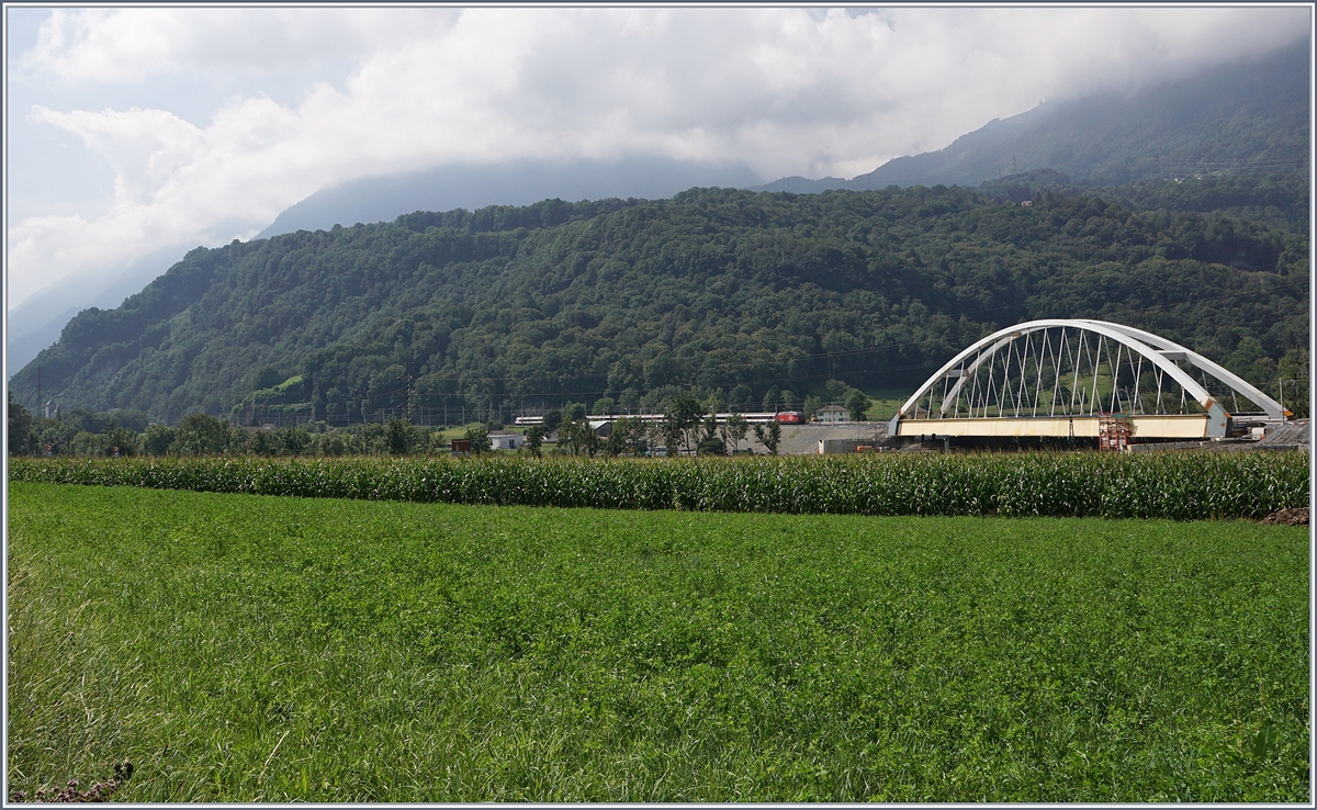 Zwischen Bex und St-Maurice überquert die Strecke Lausanne Birg die Rhone. Die alte Gittereisenbrücke wird nun durch eine sehr gefällige und unübersehbare Neukonstruktion ersetzt. Zu Zeit ist die alte Brücke schon nicht mir in Betrieb und der Verkehr verläuft einspurig über die neue Brücke, wobei vor und nach der Brücke das nördliche Gleis, dann auf der Brücke das Südliche Gleis benutzt wird, so dass die Brücke noch verschoben werden muss. Leider ist es nicht einfach, einen einigermasen guten Fotostandpunkt zu finden. Das Bild zeigt den von einer SBB Re 460 gezogenen IR von Brig nach Lausanne. 19. August 2016