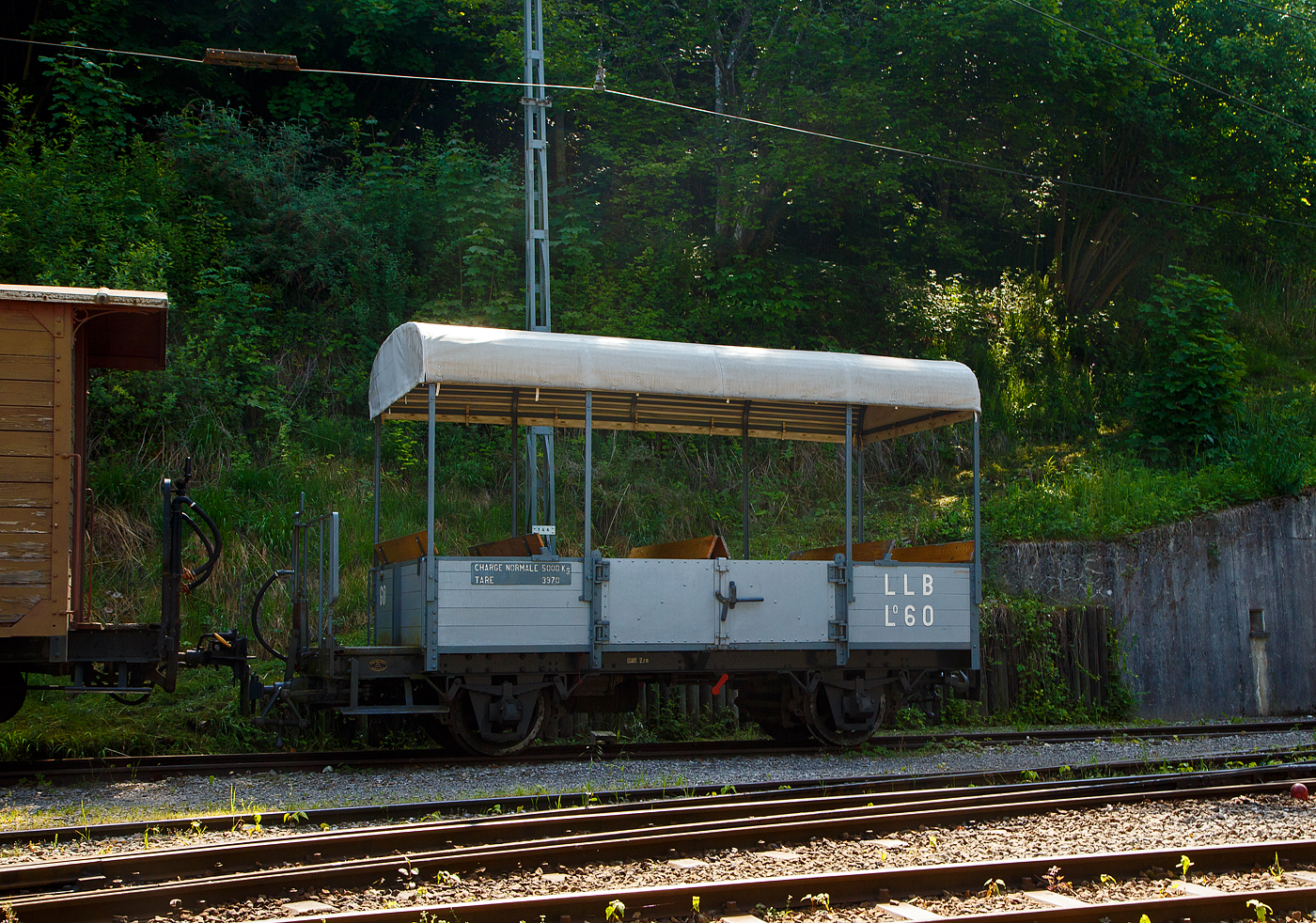 Der „kleine“ zweiachsige Behelfs-Personenwagen (Sommerwagen) ex LLB L° 60 der Museumsbahn Blonay–Chamby am 27.05.2023 auf dem Museums-Areal der (BC) in Chaulin. Eigentlich ein Güterwagen (Flachwagen) mit aufgesetzten Sitzbänken.

Der Wagen wurde 1915 von SWS Schlieren (Schweizerische Wagons- und Aufzügefabrik AG) für die LLB (Leuk-Leukerbad-Bahn, französisch Chemin de fer Loèche-Loèche-les-Bains) gebaut und geliefert. Bereits 1967 ging er an die Museumsbahn Blonay–Chamby und wurde 2015 von der BC umfassend restauriert. 

TECHNISCHE DATEN:
Spurweite: 1.000 mm (Meterspur)
Achsanzahl: 2
Länge über Puffer: 5.800 mm
Achsabstand: 2.700 mm
Breite: 2.000 mm
Laufraddurchmesser: 660 mm (neu)
Teilkreis-Ø Bremszahnrad: 496,8 mm (Zahnstangensystem Abt)
Eigengewicht: 3.970 kg
Nutzlast: 5.000 kg