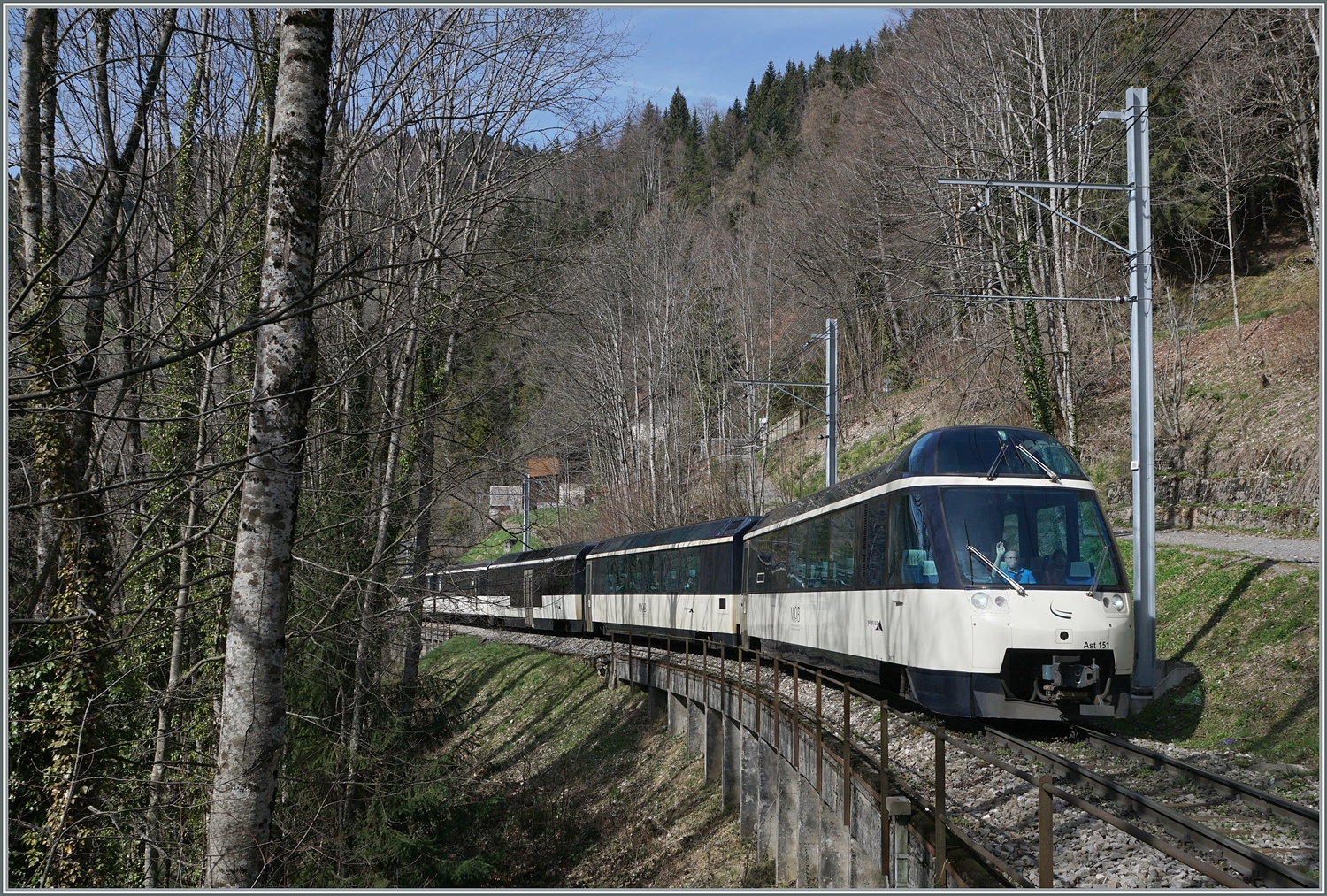 Der MOB PE 30 2218 von Montreux nach Zweisimmen mit dem Ast 151 an der Spitze ist zwischen Sendy Sollard und Les Avants unterwegs. Am Schluss des Zuges schieb ein MOB ABe 4/4 rsp Be 4/4 Serie 9000  Alpina .  

22. März 2024