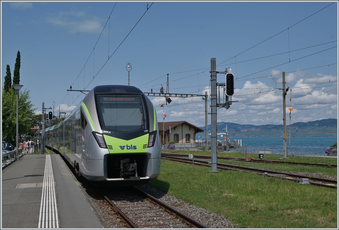 Der von der RegionAlps gemietet BLS RABe 528 105  MIKA  ist als R91 6116 von Brig (ab 11:03) nach St-Gingolph (an 13:06) unterwegs konnte bei der Ausfahrt in Bouveret fotografiert werden. 
Im Hintergrund gleitet der Blick über den See bis ins Lavaux.

24. Juli 2024
