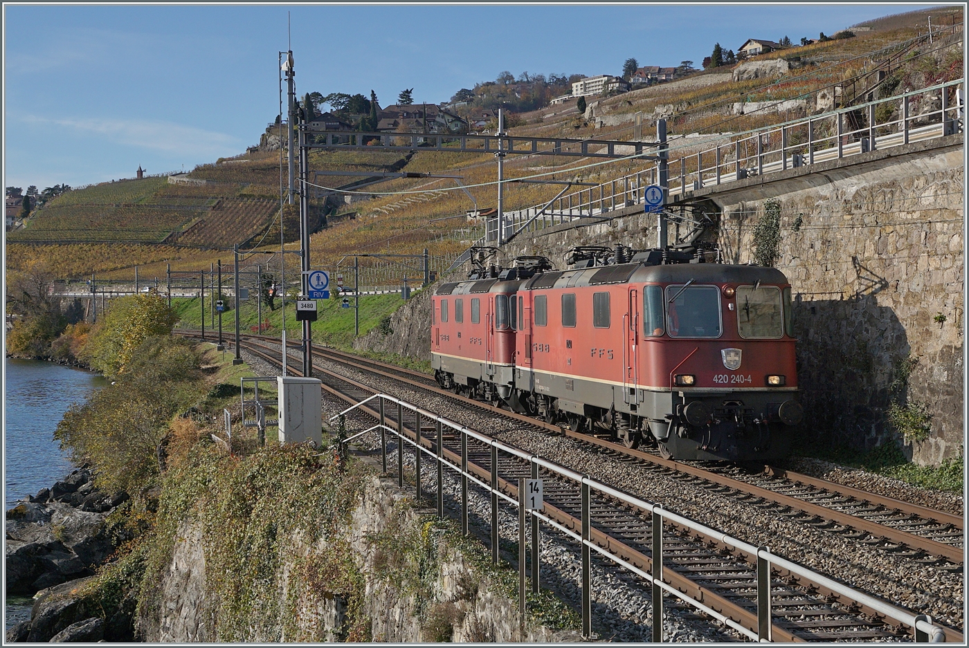 Die beiden SBB Re 4/4 II 11240 und 11259 (Re 420 240-4 und Re 420 259-4) sind zwischen Rivaz und St-Saphorin auf dem Weg in Richtung Villeneuve. 

12. Nov. 2024