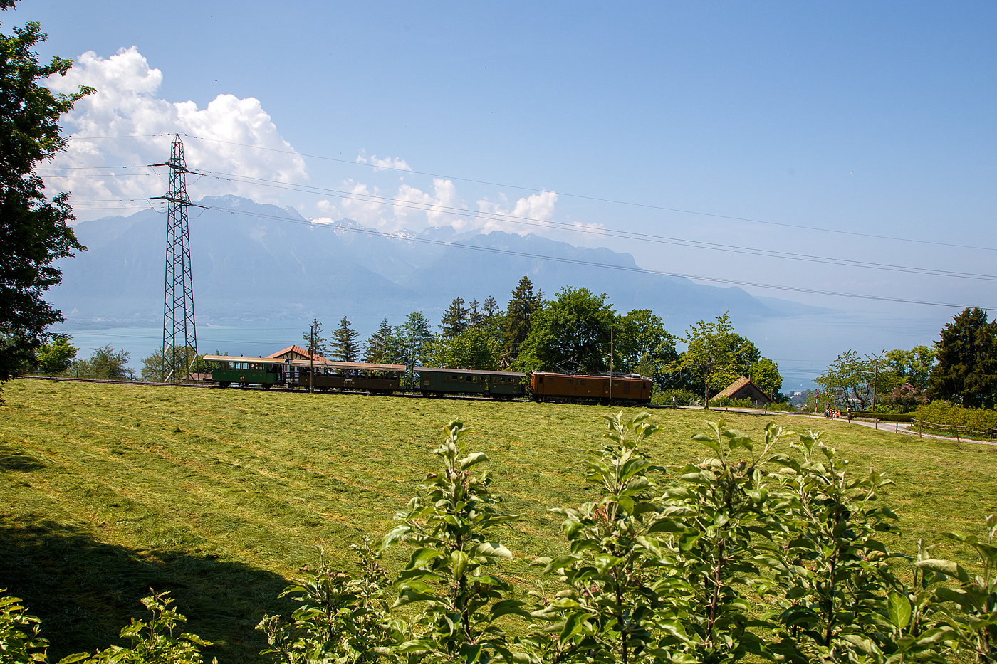 Die ehemalige Berninabahn RhB Ge 4/4 81 der Museumsbahn Blonay–Chamby, ex RhB Ge 4/4 181, ex BB Ge 4/4 81, ex BB Ge 6/6 81, fährt am 27 Mai 2023 mit einem kurzen Zug von Chaulin nach Blonay hinab.