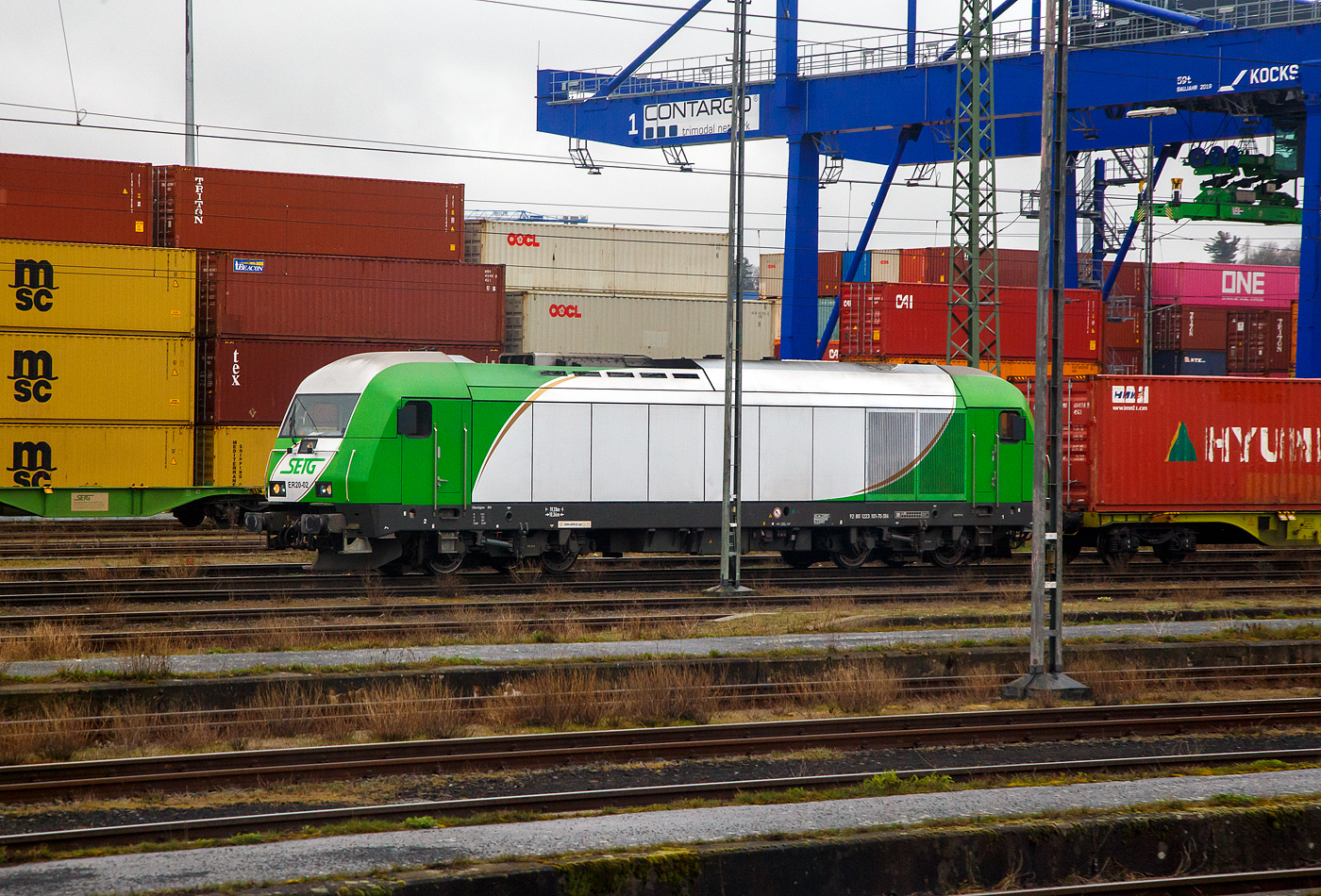 Die ER 20-02 alias 223 101-7 (92 80 1223 101-7 D-SRA) der Salzburger Eisenbahn TransportLogistik GmbH steht am 17.04.2023 mit einem Containerzug beim  Container Terminal Hof (CTH). Innerhalb des Netzwerks der Contargo Combitrac GmbH stellt das Containerterminal in Hof das „Tor zum Osten“ dar. Dank der günstigen geografischen Lage können von Hof aus sowohl Süd- und Mitteldeutschland, als auch Tschechien und Polen innerhalb kurzer Zeit erreicht werden.

Die Siemens ER 20 der Variante BF wurde 2007 von Siemens in München unter der Fabriknummer 21156 gebaut und als OHE 270080 an die Osthannoversche Eisenbahnen AG in Celle geliefert. Von 2012 bis 2017 lief sie dann als 2700 80 für OHE Cargo GmbH (92 80 1223 101-7 D-OHEGO, im März 2017 wurde sie dann an die Salzburger Eisenbahn TransportLogistik GmbH verkauft.

Die  Hercules   hat die Zulassung für Deutschland, Österreich und Tschechien.

TECHNISCHE DATEN:
Spurweite: 1.435 mm
Achsfolge: Bo'Bo'
Länge über Puffer 19.275 mm
Breite: 2.870 mm
Drehzapfenabstand: 10.362 mm
Achsabstand im Drehgestell: 2.700 mm
Treibraddurchmesser: 1.100 mm (neu) / 1.020 mm (abgenutzt)
Dieselmotor: 16-Zylinder-Dieselmotor mit Common-Rail-Einspritzung, zwei Turbolader und Ladeluftkühlung vom Typ 16 V 4000 R41
Leistung: 2.000 kW
Nenndrehzahl: 600 - 1.800 U/min
Leistungsübertragung:  dieselelektrisch
Höchstgeschwindigkeit: 140 km/h
Leergewicht: 80 t
Kleinster bef. Halbmesser: 100 m
Zugheizung: 400 kW
Anfahrzugkraft: 235 kN
Tankinhalt bei Variante BF: 4.000 Liter (BU 2.500 Liter)

