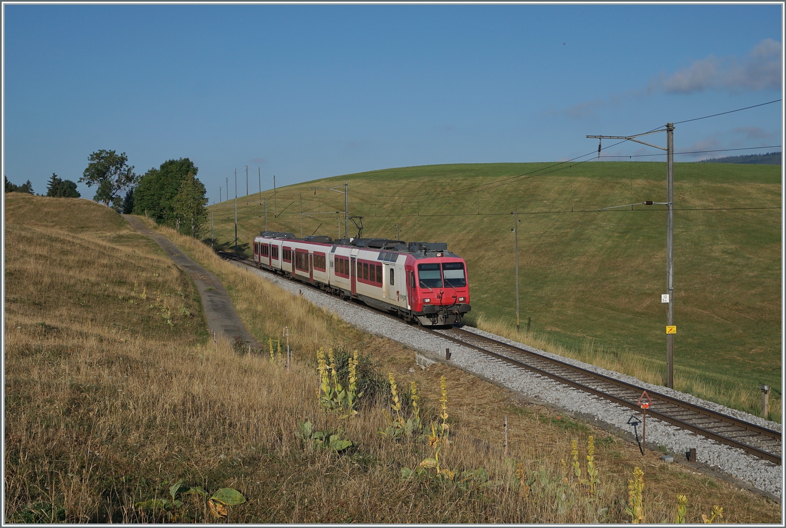 Ein TRAVYS Domino RBDe 560 ist bei Les Charbonieres auf dem Weg nach Vallobe. 

21. Juli 2022