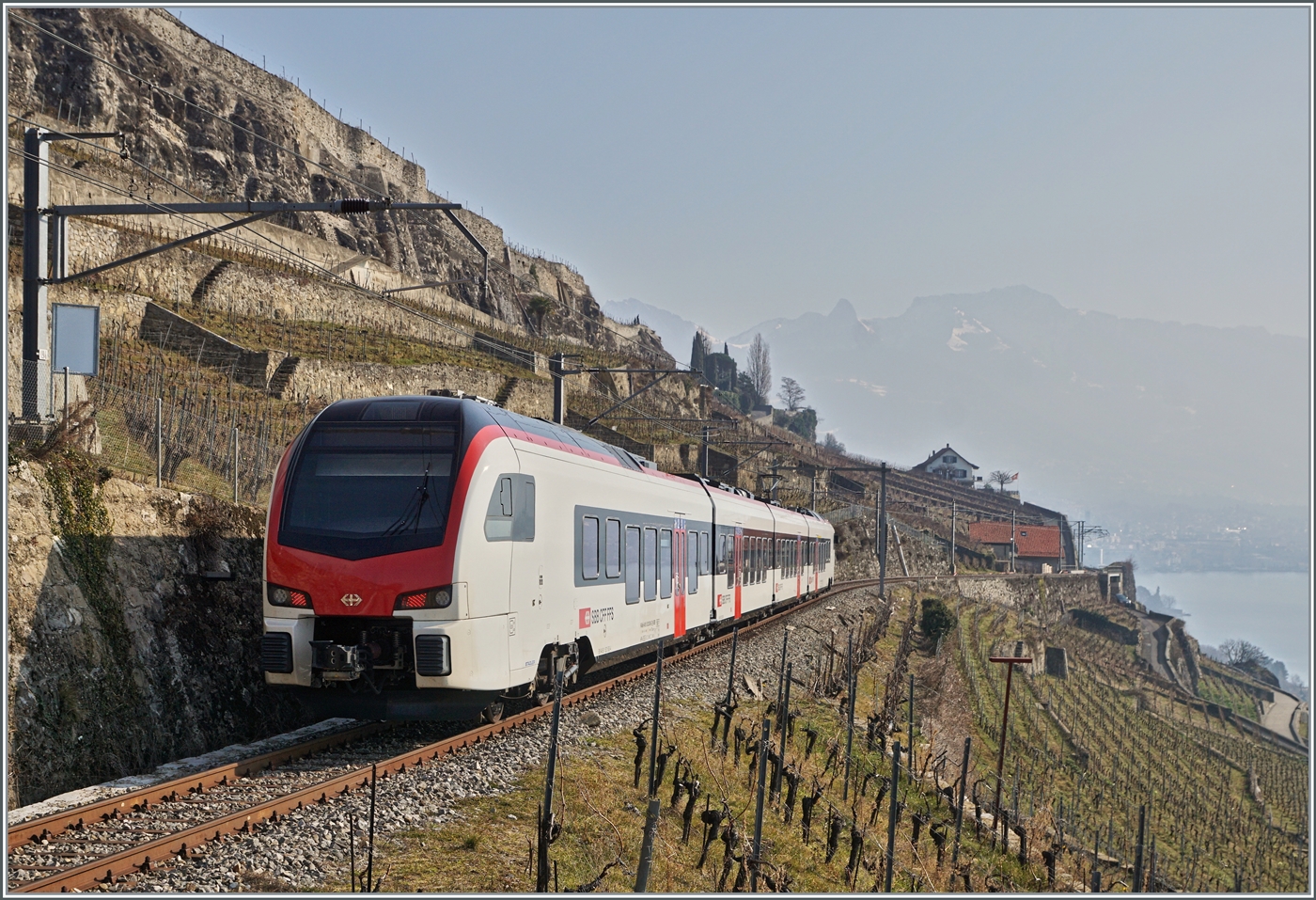  Fernverkehr  auf der Train de Vignes Strecke: der für den Fernverkehr beschaffte SBB Flirt3 RABe 523 503  Mouette  (RABe 94 85 0 523 503-6 CH-SBB) ist als S7 auf der Train de Vignes Strecke zwischen Vevey und Puidoux oberhalb von St-Saphorin unterwegs. 

11. Februar 2023