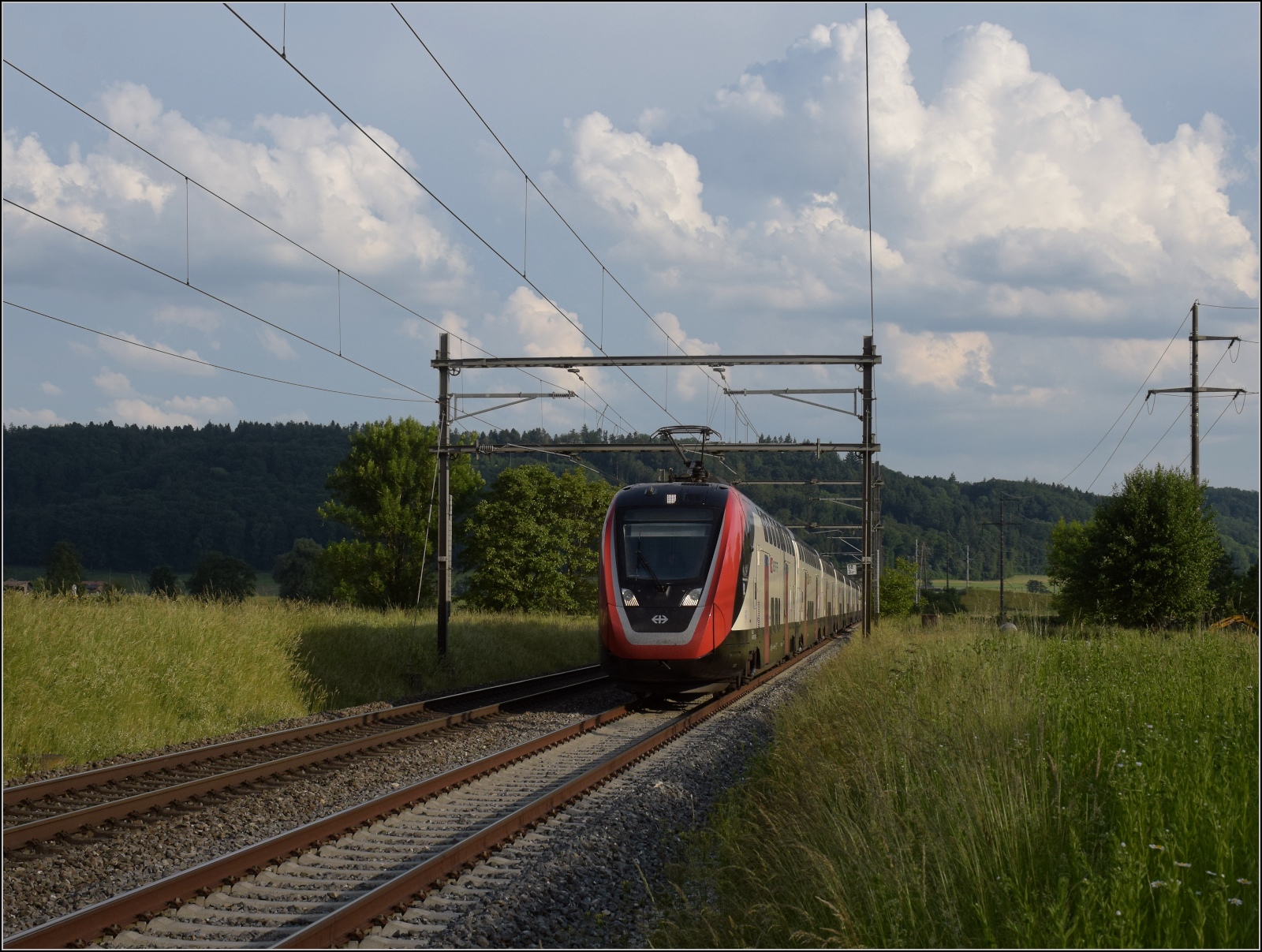 Fernverkehrstag auf der Altstrecke.

Via Burgdorf gibt es zumeist nur noch Güterverkehr, Nahverkehr und überregionale Züge nach Bern. Nicht an diesem Tag, RABe 502 208 ist diesmal gemächlicher Richtung Olten unterwegs. Dahinter Thermikwolken über den Höhenzügen des Emmentals. Bettenhausen, Juni 2023.