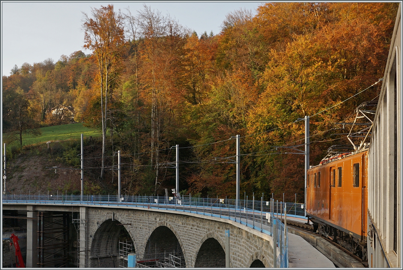 La DER de la Saison / Das Saison Ende der Blonay Chamby Bahn 2024 - Seit einigen Jahren zeigt die Blonay Chamby Bahn zu Saison Ende mit einem etwas verdichteten Fahrplan noch einmal ihrer herrlichen Fahrzeuge im Einsatz. Zum Abschluss des Tages gab es für meinen Geschmack des Höhepunkt des Saisonabschlussfiere: Die Bernina RhB Ge 4/4 N° 81; hier auf der Fahrt über den Baye de Clarens Viadukt auf dem Weg nach Blonay. 

27. Okt. 2024