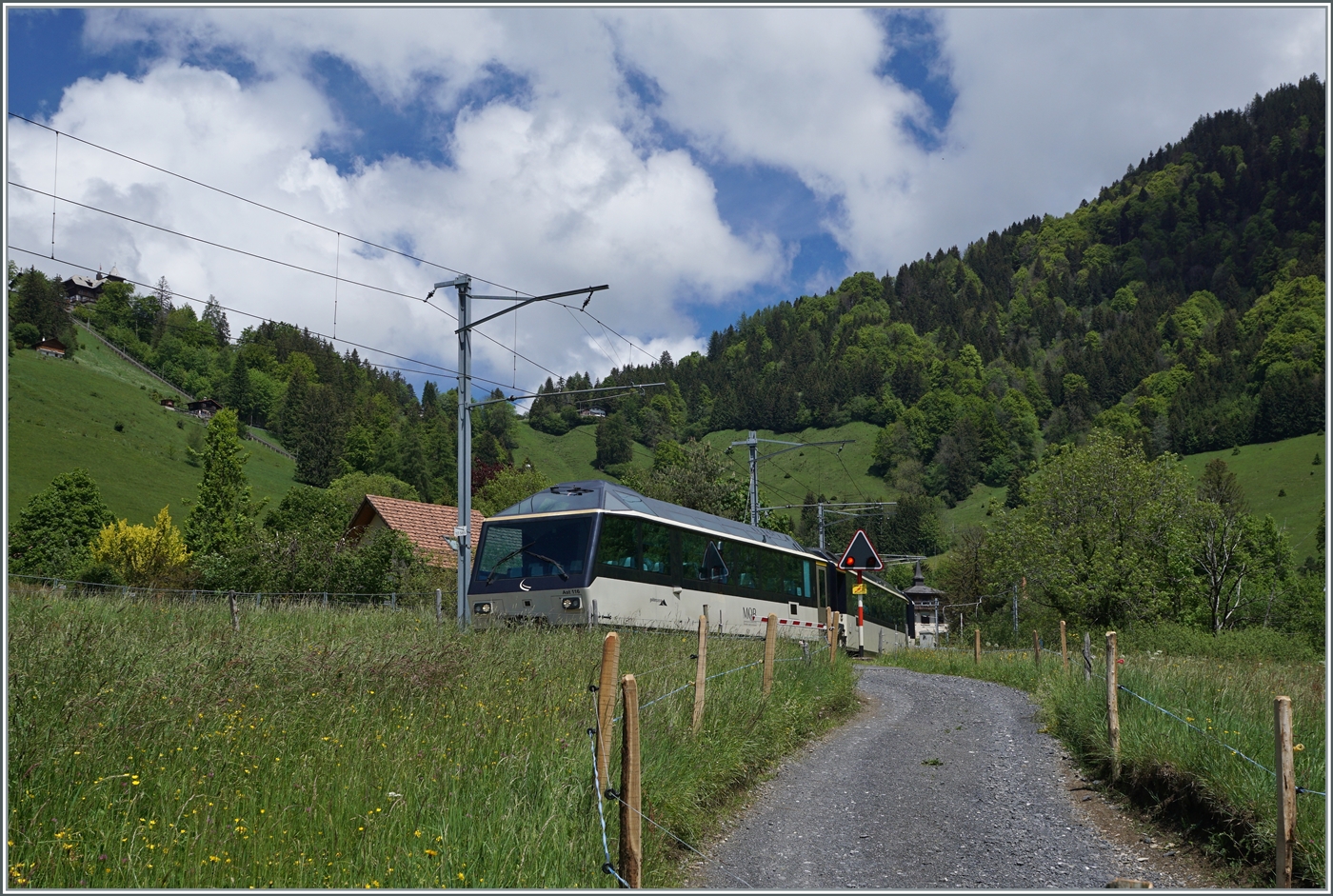 Mit dem Aussichtsteuerwagen Ast 116 an der Spitze und einem  Alpina  Be 4/4 Serie 9000 am Zugschluss ist ein MOB Regionalzug von Zweisimmen nach Montreux bei Les Avants unterwegs. 

28. Mai 2024