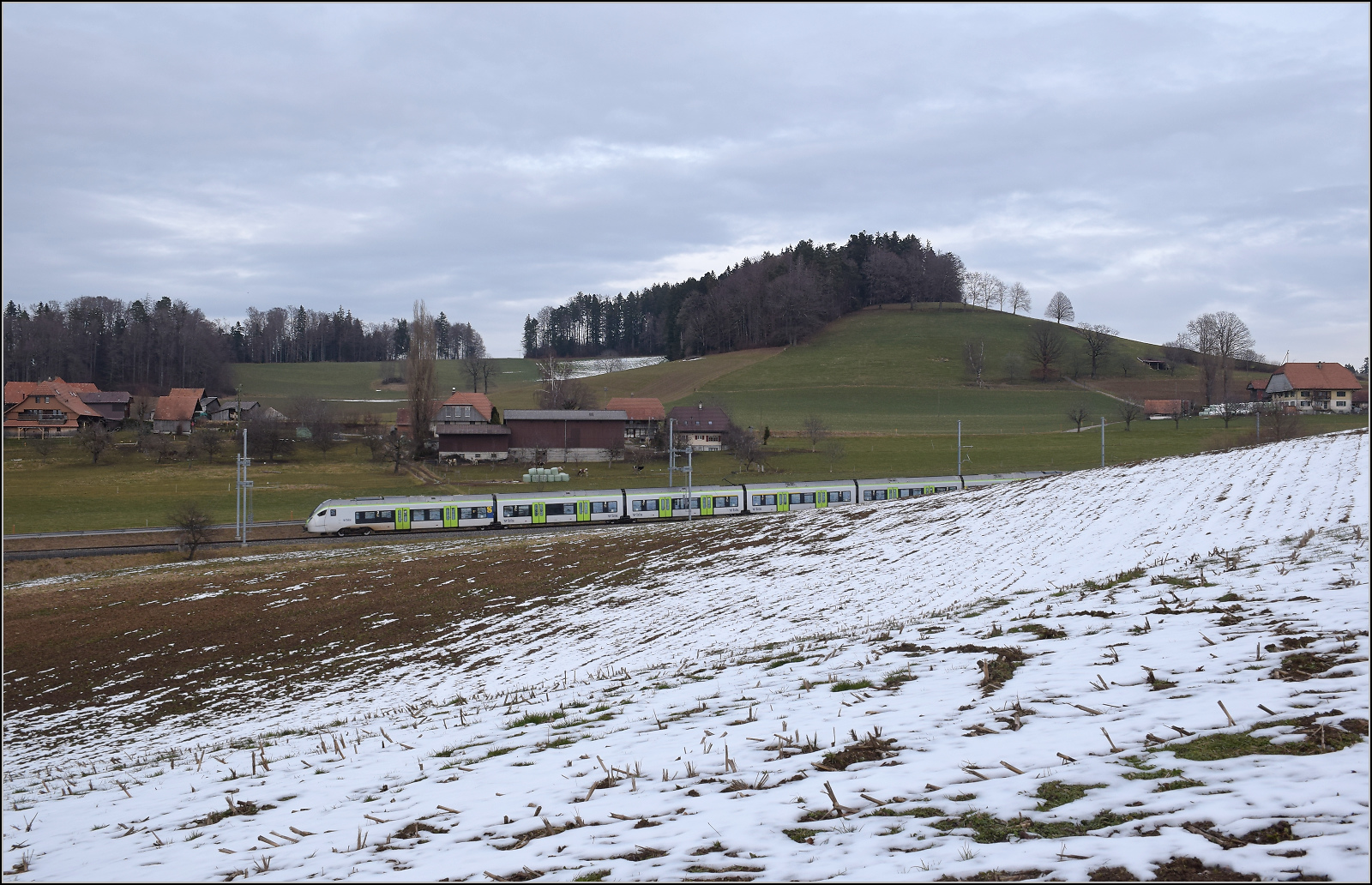 RABe 528 209 bei Steinhaus auf dem Weg nach Bern. Januar 2026.