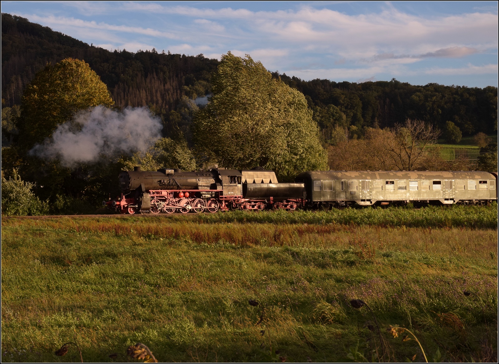 Schienenverkehr am Schienerberg.

52 7596 mit ihrem EFZ-Sonderzug für die SEHR&RS zwischen Ramsen und Rielasingen auf der letzten Fahrt des Tages. Oktober 2022.