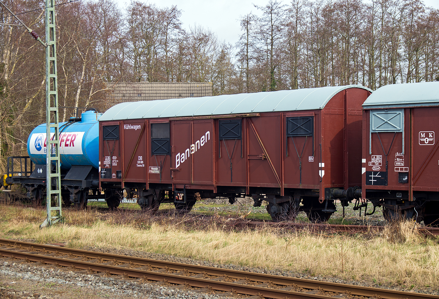 Zweiachsiger Bananen-Khlwagen (Wrmeschutzwagen, umgangssprachlich: „Bananenwagen“) ex DB 329 085 der ehemaligen Gattung Tnoms 59 (T Stand fr Thermoswagen, heute wre es I...), abgestellt am 14 Mrz 2024 auf dem Museumsareal der MKO - Museumseisenbahn Kstenbahn Ostfriesland e. V. in Norden. Der Wagen ist hier in der historischen Farbgebung DB Ep. III (1949 bis1968). 

Ausgerechnet Bananen – Ein Schlager von 1922 kennzeichnete den groen Wunsch der Deutschen nach Bananen schon kurz nach dem I. Weltkrieg. Es sollten aber noch ber 30 Jahre vergehen, bis Bananen zu einer erschwinglichen Lieblingsfrucht wurden. Tausende Tonnen der gelben Frucht wurden auf dem Seeweg nach Deutschland exportiert und mussten schnell an den Kunden gebracht werden, dummerweise hat eine reife Banane keine sehr lange Lagerdauer. So kamen die Bananen grn in den berseehfen an der Nordsee an und mussten schnell und gekhlt zum Endverbraucher weiter gefahren werden. Hier bot sich der Bahn ein Geschftsfeld an, zu dem noch passende Wagen gebraucht wurden.

Khlwagen zum Transport von Bananen verfgen ber einen Gasverdampfer sodass die Innentemperatur nicht +14,4 C bersteigt. Vor Einfhrung derr UIC-Klassifizierung wurden Khlwagen in Deutschland mit dem Gattungszeichen „Gk“, ab 1942 mit dem Gattungszeichen „T“ zuzglich Nebengattungszeichen gekennzeichnet. Von 1964 bis Januar 1968 wurde die UIC-Kennzeichnung in ganz Deutschland umgesetzt und seitdem stetig weiterentwickelt. 

Gem UIC zhlen Khlwagen in Europa stets zu den Gterwagen der Sonderbauart. Alle Gterwagen, die innerhalb der UIC-Bahngesellschaften an internationalem Verkehr teilnehmen, mssen mit einheitlichen Gattungszeichen und einer einheitlichen Wagennummer gekennzeichnet sein. Alle Khlwagen werden daher mit Gattungsbuchstabe „I“ gekennzeichnet.

Der Gattungsbuchstabe „I“ hat fr Gterwagen mit Temperaturbeeinflussung die Bedeutung, dass sie ber eine thermischer Dmmung der Klasse IN verfgen, eine Luftumwlzung durch Windmotor haben, mit Fubodenrost und Eisksten von mindestens 3,5 m oder mehr ausgerstet sind. Diese Beschreibung trifft fr die einfachste Ausfhrung eines Khlwagens zu, 

Vermutlich wre die heutige Gattungsbezeichnung Ibbgglps
I = Khlwagen 
bb mit zwei Radstzen = Ladeflche ber 27 m
gg = Khlwagen, gekhlt mit Flssiggas
l = Wrmeschutzwagen ohne Eisksten
p = ohne Fubodenrost
s = lauffhig bis 100 km/h

TECHNISCHE DATEN (laut Anschriften)
Spurweite: 1.435mm (Normalspur)
Achsanzahl: 2
Lnge ber Puffer: 12.500 mm
Achsabstand:  6.800 mm
Ladelnge:  11.000 mm
Ladebreite:  2.500 mm
Ladeflche:  27,5 m
Eigengewicht: 14.200 kg
Max. Zuladung: 21,0  t ab Streckenklasse B
Hchstgeschwindigkeit: 100 km/h 
Bremse: KEp
