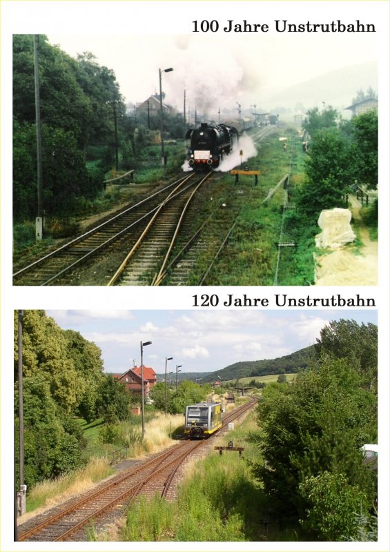 120 Jahre Unstrutbahn - Heute feiert  unsere  Eisenbahn Geburtstag. Das obere Bild zeigt einen Sonderzug zum 100. Geburtstag am 01.10.1989. Das untere Bild zeigt den Zugverkehr der heutigen Zeit, einen VT 672 der Burgenlandbahn). Beide Bilder wurden vom Stellwerk Lw in Laucha aufgenommen. (Fotomontage: Klaus Pollm�cher)