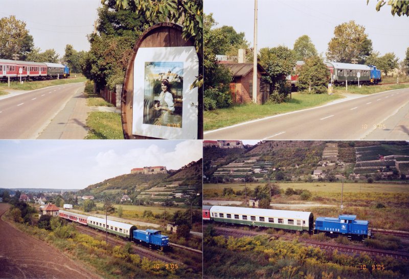Anreihung mehrerer Bilder des Sonderzuges vom Eisenbahnmuseum in Leipzig, der am Winzerfestsamstag auf der Unstrutbahn unterwegs war; 10.09.2005 (Foto: G�nther G�bel)