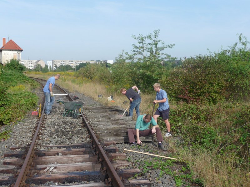 Arbeitseinsatz von einigen Mitgliedern unserer IG an der �stlichen Bahnhofseinfahrt von Ro�leben. Ein Teilst�ck des Gleises hatte sich im Bereich einer ehemaligen Weiche abgesenkt. Diese Senke galt es zu beseitigen; 22.08.2009 (Foto: Christian Kirchner)