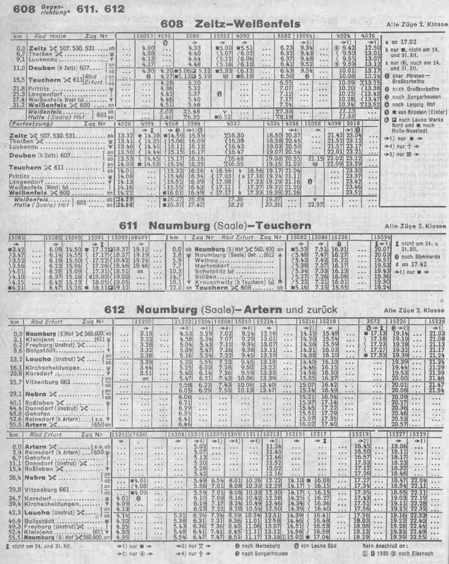 Auszug aus dem Unstrutbahnfahrplan von 1981.