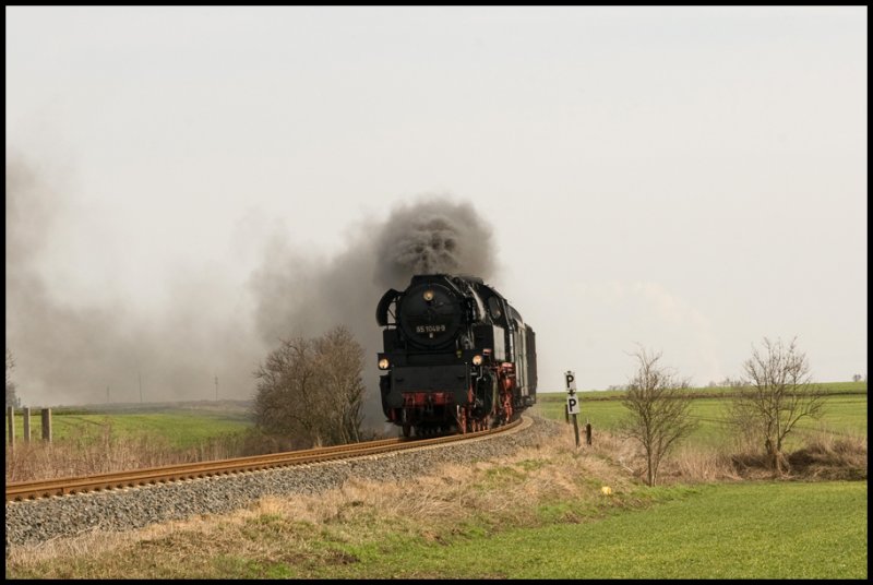 Die 65 1049-9 mit einem Fotog�terzug von Gera nach Camburg, am 14.03.2009 bei St��en. (Foto: Stefan Gross)