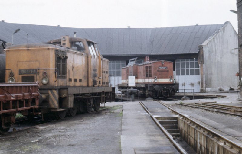 DR 106 151-4 + 110 100-5 im Bw Naumburg (Saale); 10.05.1986 (Foto: Klaus Pollm�cher)