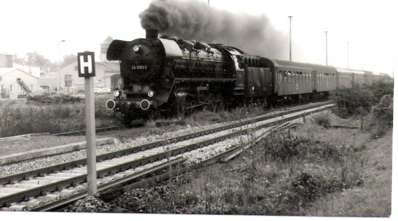 DR 44 1093-2 mit einem Sonderzug zum 100. Geburtstag der Unstrutbahn von Naumburg Hbf nach Artern und zur�ck, am 01.10.1989 bei der Einfahrt in Laucha. (Foto: Dieter Thomas)
