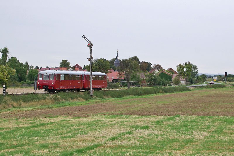Hier passieren die Ferkeltaxen das Einfahrtssignal von Gehofen bei Nausitz; 06.09.2008 (Foto: Volker Blees) 
