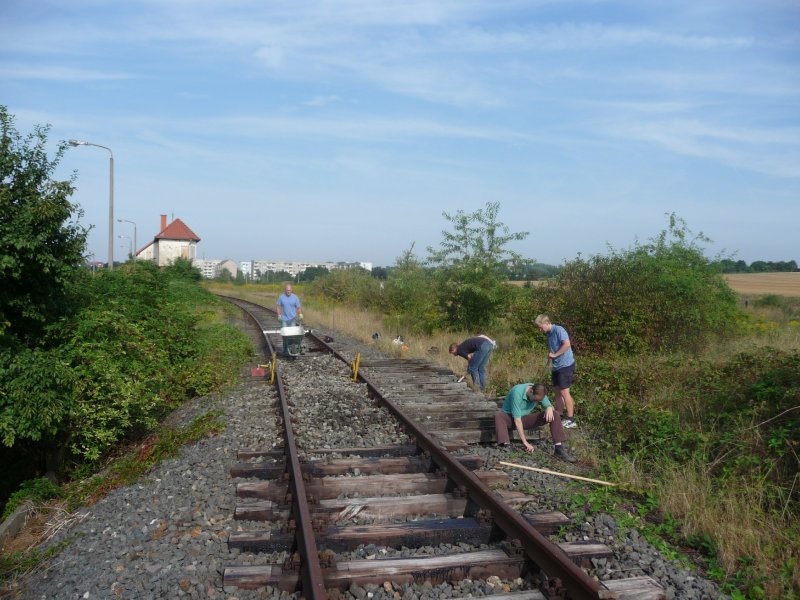 In diesem Bereich im Ro�lebener Bahnhof hatte sich das Gleis gesenkt, nachdem man dort vor einigen Jahren eine Weiche entfernt hat. Um einen zuk�nftigen Zugverkehr zugew�hrleisten, mu� die Senke entfernt werden; 22.08.2009 (Foto: Christian Kirchner)