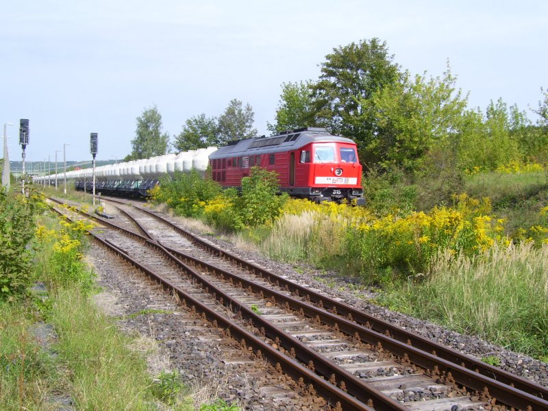 MEG 315 (92 80 1232 489-5 D-MEG) wartet mit einem Zementzug im Bf Karsdorf auf die Ausfahrt; 29.08.2007