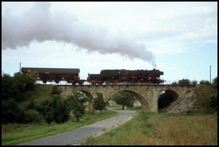 Ostertalbahn 52 8039-1 (ex DR 52 2720) mit einem Fotog�terzug von Sangerhausen �ber Vitzenburg nach Sondershausen, auf dem Viadukt bei Grockst�dt; 25.08.1996 (Foto: Steffen Tautz)