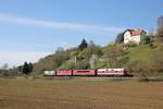EBS 118 719 + 155 239 + DB 143 065 + RBH 143 950 als Lokzug nach Karsdorf, am 14.04.2018 bei Roßbach​.