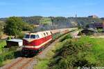 Zum Winzerfest in Freyburg (Unstrut) verkehrte die PRESS 118 757-4 am 09.09.2023 mit dem DPE 1820 von Zwickau (Sachs) Hbf nach Karsdorf.