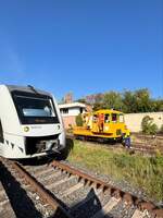 Am 03.10.2025 wurde in Ro�leben das 20. Unstrutbahnfest und das 20-j�hrige Bestehen der IG Unstrutbahn e.V. gefeiert. Zwischen Wangen (Unstrut) und Ro�leben pendelte der Start Mitteldeutschland 1648 912 als Sonderzug und auch der vereinseigene SKL war mit dabei. (Foto: Philipp Spannemann)