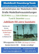 Zu Ostern gibt es am 30.03. und 31.03.2024 bei der IG Spur1 Mitteldeutschland und den Saale-Unstrut Modellbahnfreunden in Naumburg (Saale) wieder eine große Modellbahnausstellung mit dem Motto  150 Jahre Saalebahn . https://spur1-naumburg.blogspot.com/