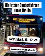 Am 01.12.2024 finden die letzten von der IG Unstrutbahn e.V. organisierten Sonderfahrten in Kooperation mit Abellio Rail Mitteldeutschland statt. Ab dem Bahnhof Ro�leben in Th�ringen gehts zu  Naumburg im Advent  nach Naumburg (Saale).
Da schon seit Oktober wegen defekter Schwellen kein Personenverkehr auf der Unstrutbahn stattfindet, werden auch die Sonderfahrten am 01.12.2024 mit einem Bus im Schienenersatzverkehr stattfinden. Abellio wird als EVU ab dem Fahrplanwechsel im Dezember nicht mehr auf der RB-Linie 77 zwischen Naumburg (Saale) und Wangen (Unstrut) verkehren. Infos zu den Sonderfahrten gibts unter: https://www.unstrutbahn.de/#zug