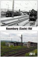 Vergleichsbild von den den heutigen modernisierten Bahnsteig 2 und 3 und den unmodernisierten Bahnsteig 4 und 5 der Burgenlandbahn und der Verst�rkerz�ge nach und aus Halle in Naumburg Hbf.