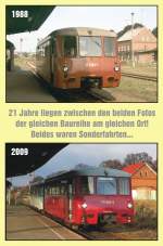 Vergleichsbild vom Bahnsteig 1 in Laucha mit zwei Ferkeltaxen die 1988 und 2009 als Sonderz�ge auf der Unstrutbahn untertwegs waren.
