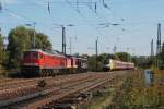 Während die DB 182 595 am 03.10.2015 mit der RB 20 von Halle (S) Hbf nach Eisenach unterwegs ist, genießen die EBS-Loks 241 353 + 202 487 + 142 145 den Feiertag in Naumburg Hbf.