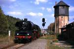DB Museum 03 1010-2 mit einem Winzerfestplanzug aus Naumburg (S) Hbf, am 07.09.2002 bei der Einfahrt in Nebra.