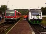 DB 628 601-7 als RB 26985 nach Naumburg Hbf und EB VT 009 als Winzerfestsonderzug aus Erfurt Hbf, am 08.09.2007 in Nebra.