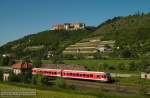 Ein Triebwagen der BR 628 auf der Fahrt von Naumburg (S) Hbf nach Nebra unterhalb der Neuenburg in Freyburg; 12.06.2006 (Foto: Kai Michael Neuhold / http://www.verkehrsfotografie.de)
