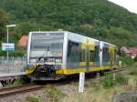 Burgenlandbahn 672 907 + 672 904 als RB 34969 nach Nebra, am 08.09.2012 am Hp Wangen.