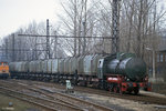 BKW Deuben F03-114 mit Güterwagen am 19.03.1991 im Bahnhof Deuben.