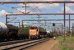 Northrail/TXL 322 220 127 (ex DSB MK 608) kam und schob die 10 Tragwagen ins TXL Depot in Padborg.