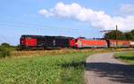 DB RSC MZ 1457(92 86 0101457-6 DK-RSC)zieht hier die EG 3101 zusammen mit ihrem Gz nach Fredericia. Fårhus 08.08.2014