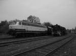 215 004 (225 004) der AVG und 44 1486 im Bahnhof Egeln am 7.5.17