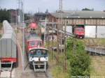 Blick auf die 155 171, 212 298, 232 XXX und 335 XXX am Bw Halle G am 10.6.15