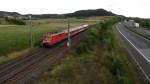 111-207 und 3 n-Wagen sind als RB 58190 am 20.August 2013 nach Hafurt unterwegs, nchster Halt Ebelsbach-Eltmann.