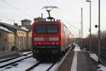 143 032 verlsst den Bahnhof Delitzsch ob Bf in Richtung Eilenburg am 18.2.21