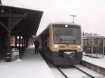 PRESS 650 032-4 mit ziel Lauterbach Mole im Bahnhof Putbus am 21.1.14